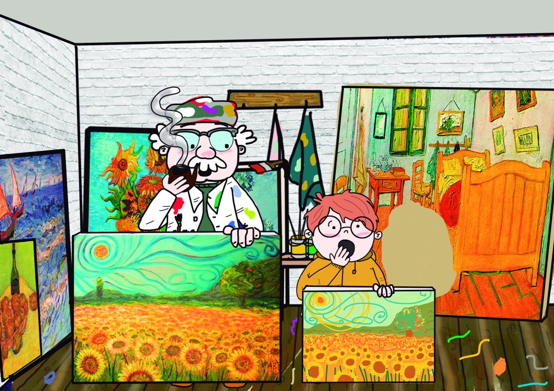 en el estudio enseñando cuadros